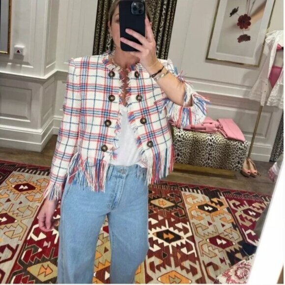 Veronica Beard Marlton Tweed Fringe Check Jacket Size 8 - Picture 2 of 12